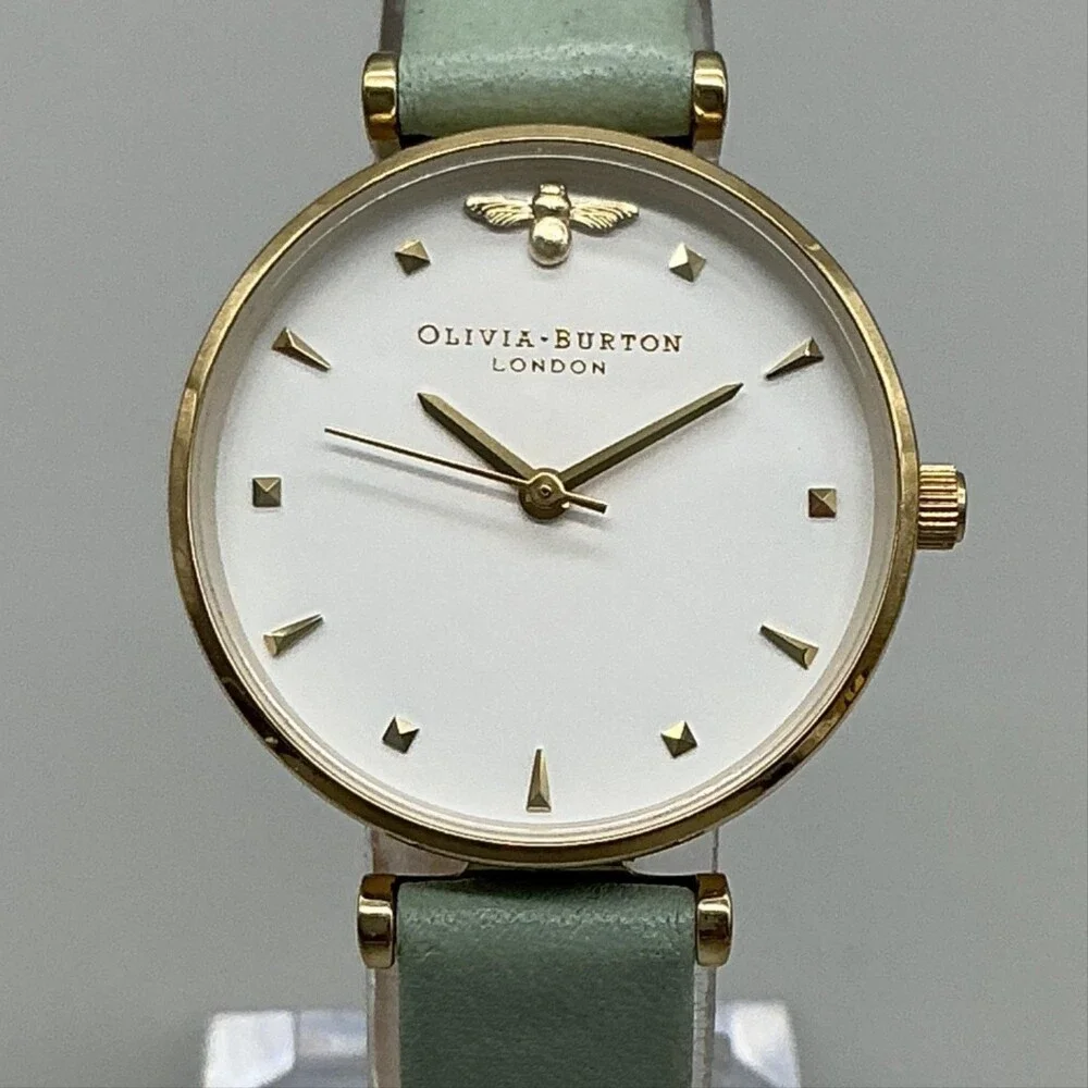Olivia Burton Womens Watch 29mm Bee Logo Mint Green Leather Gold Tone New Batt